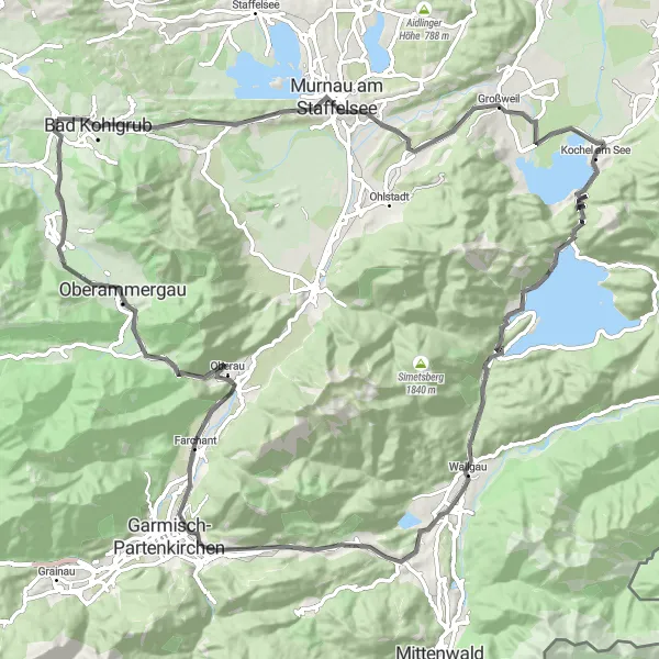 Map miniature of "Challenge Yourself on the Epic Saulgrub Cycling Route" cycling inspiration in Oberbayern, Germany. Generated by Tarmacs.app cycling route planner