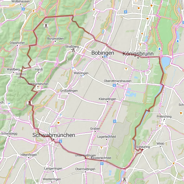 Karten-Miniaturansicht der Radinspiration "Graveltour rund um Scheuring" in Oberbayern, Germany. Erstellt vom Tarmacs.app-Routenplaner für Radtouren