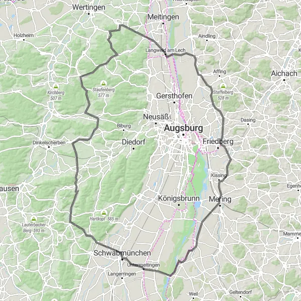 Karten-Miniaturansicht der Radinspiration "Erlebnistour von Schwabmünchen nach Kissing" in Oberbayern, Germany. Erstellt vom Tarmacs.app-Routenplaner für Radtouren