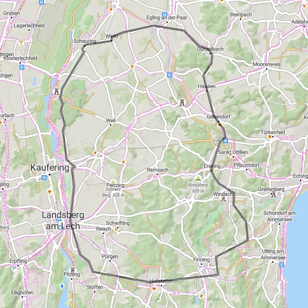 Karten-Miniaturansicht der Radinspiration "Rundweg von Scheuring nach Landsberg am Lech" in Oberbayern, Germany. Erstellt vom Tarmacs.app-Routenplaner für Radtouren