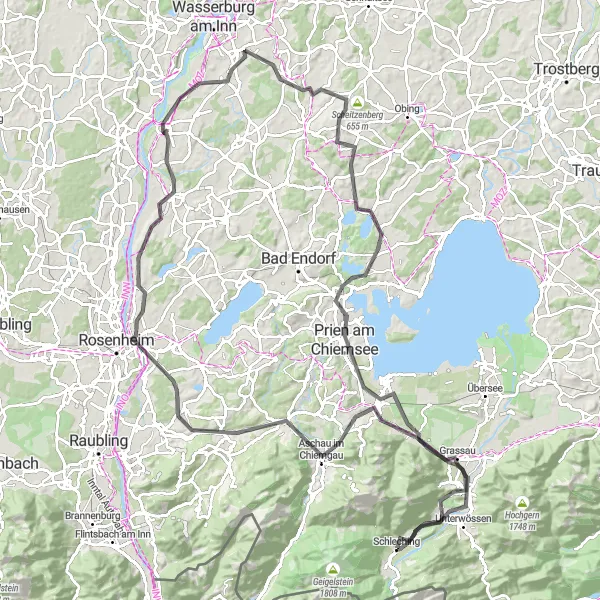 Map miniature of "Chiemsee Loop" cycling inspiration in Oberbayern, Germany. Generated by Tarmacs.app cycling route planner