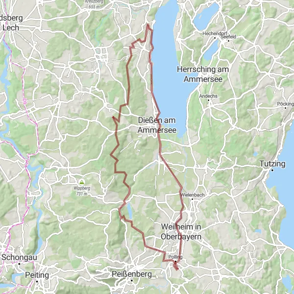 Karten-Miniaturansicht der Radinspiration "Gravel-Rundtour um den Ammersee" in Oberbayern, Germany. Erstellt vom Tarmacs.app-Routenplaner für Radtouren