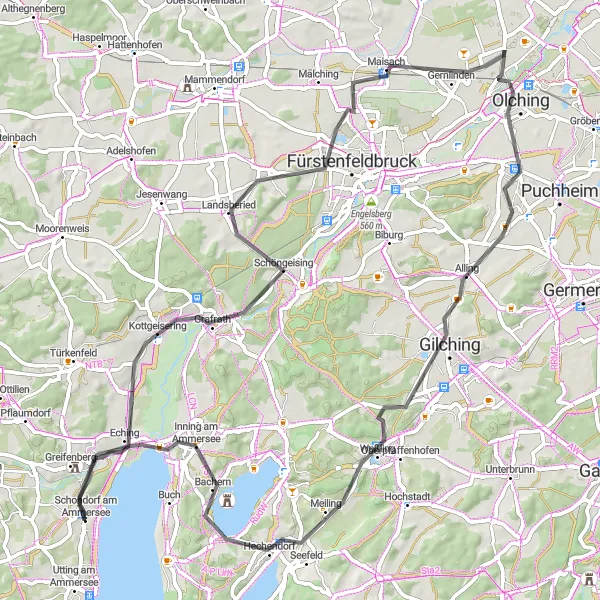 Karten-Miniaturansicht der Radinspiration "Rund um den Ammersee - Durch malerische Dörfer und idyllische Landschaften" in Oberbayern, Germany. Erstellt vom Tarmacs.app-Routenplaner für Radtouren