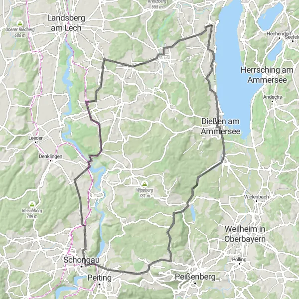 Karten-Miniaturansicht der Radinspiration "Rundweg um den Ammersee" in Oberbayern, Germany. Erstellt vom Tarmacs.app-Routenplaner für Radtouren