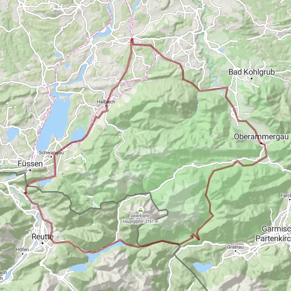 Map miniature of "Steingaden Gravel Adventure" cycling inspiration in Oberbayern, Germany. Generated by Tarmacs.app cycling route planner