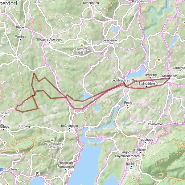 Map miniature of "Steingaden Leisure Gravel Ride" cycling inspiration in Oberbayern, Germany. Generated by Tarmacs.app cycling route planner