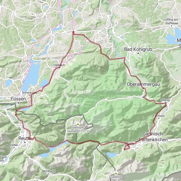 Map miniature of "Steingaden Round-Trip Gravel Adventure" cycling inspiration in Oberbayern, Germany. Generated by Tarmacs.app cycling route planner