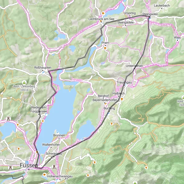 Map miniature of "Road Cycling to Schwangau from Steingaden" cycling inspiration in Oberbayern, Germany. Generated by Tarmacs.app cycling route planner