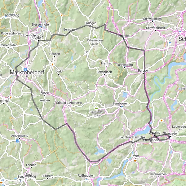 Map miniature of "Road Cycling around Steingaden" cycling inspiration in Oberbayern, Germany. Generated by Tarmacs.app cycling route planner