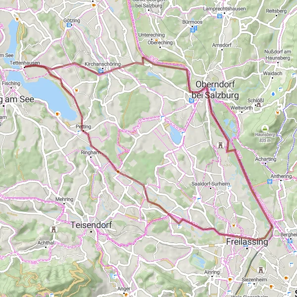 Karten-Miniaturansicht der Radinspiration "Kirchanschöring Schönram Rundweg" in Oberbayern, Germany. Erstellt vom Tarmacs.app-Routenplaner für Radtouren