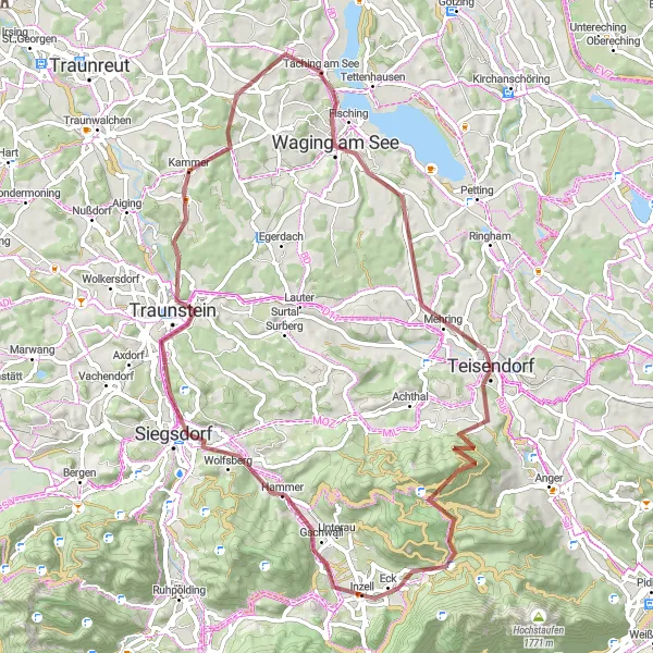 Karten-Miniaturansicht der Radinspiration "Taching am See Inzell Schloßberg Radrunde" in Oberbayern, Germany. Erstellt vom Tarmacs.app-Routenplaner für Radtouren