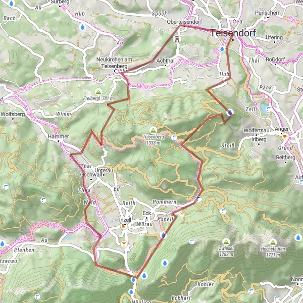 Map miniature of "Explorer's Gravel Loop" cycling inspiration in Oberbayern, Germany. Generated by Tarmacs.app cycling route planner