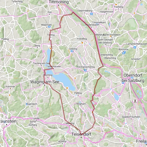 Map miniature of "Gravel Adventure - Waging am See Loop" cycling inspiration in Oberbayern, Germany. Generated by Tarmacs.app cycling route planner