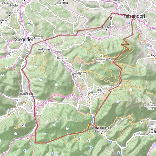 Map miniature of "Alpine Mountain Challenge" cycling inspiration in Oberbayern, Germany. Generated by Tarmacs.app cycling route planner