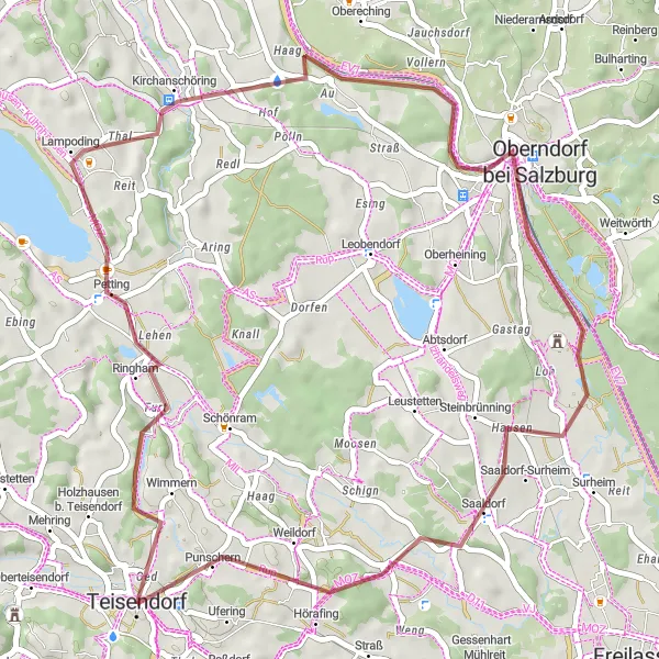 Map miniature of "Scenic Gravel Adventure" cycling inspiration in Oberbayern, Germany. Generated by Tarmacs.app cycling route planner