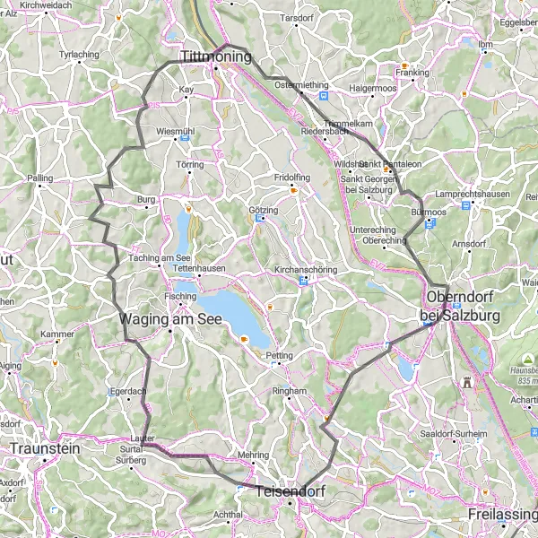 Map miniature of "Tour of Salzach" cycling inspiration in Oberbayern, Germany. Generated by Tarmacs.app cycling route planner
