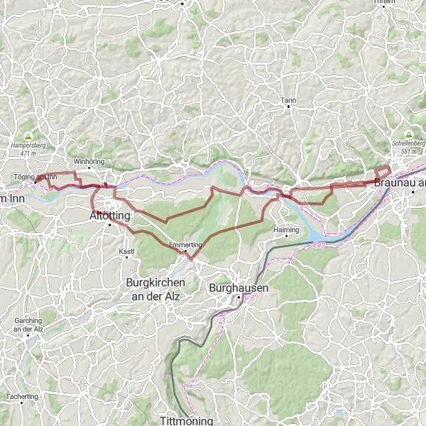 Map miniature of "Gravel Adventure through Altötting" cycling inspiration in Oberbayern, Germany. Generated by Tarmacs.app cycling route planner
