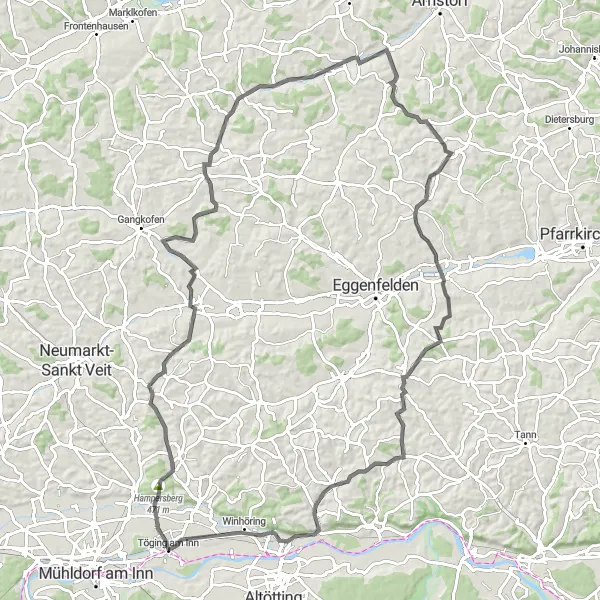 Map miniature of "Töging am Inn Loop" cycling inspiration in Oberbayern, Germany. Generated by Tarmacs.app cycling route planner