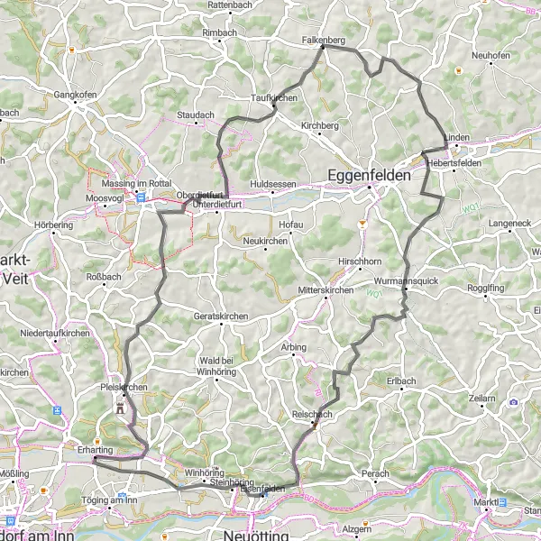Map miniature of "Scenic Bavarian Loop" cycling inspiration in Oberbayern, Germany. Generated by Tarmacs.app cycling route planner