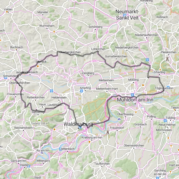 Map miniature of "Mühldorf Adventure Loop" cycling inspiration in Oberbayern, Germany. Generated by Tarmacs.app cycling route planner