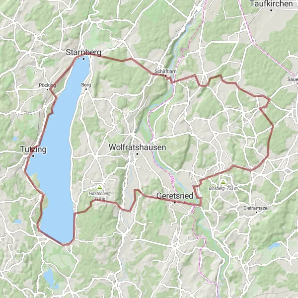 Map miniature of "Tutzing - Geretsried - Tutzing (Gravel)" cycling inspiration in Oberbayern, Germany. Generated by Tarmacs.app cycling route planner