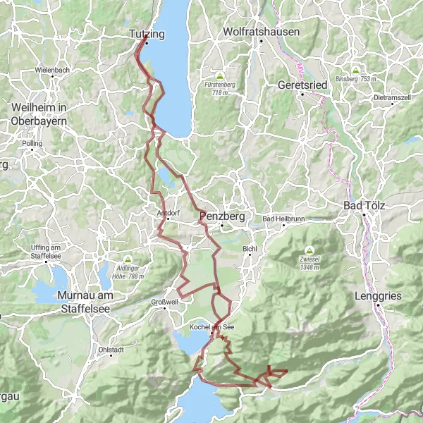 Map miniature of "Tutzing - Kochel am See - Tutzing (Gravel)" cycling inspiration in Oberbayern, Germany. Generated by Tarmacs.app cycling route planner