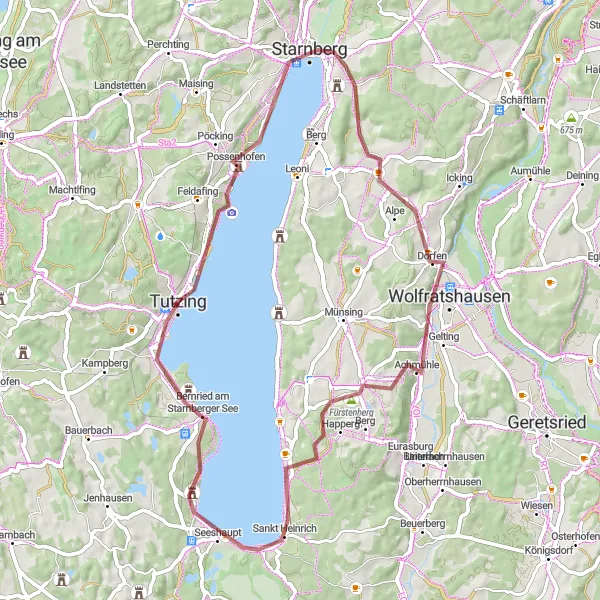 Map miniature of "Tutzing to Villa Kustermann" cycling inspiration in Oberbayern, Germany. Generated by Tarmacs.app cycling route planner