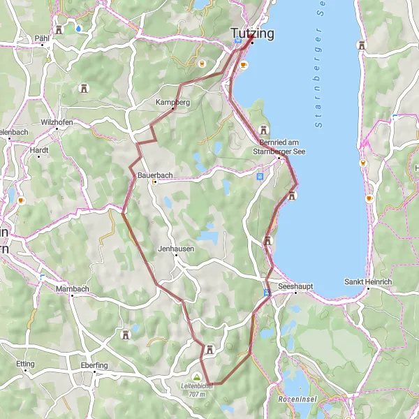 Map miniature of "Tutzing to Oberzeismering" cycling inspiration in Oberbayern, Germany. Generated by Tarmacs.app cycling route planner