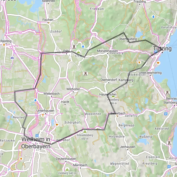 Map miniature of "Tutzing - Schnabelsberg - Tutzing" cycling inspiration in Oberbayern, Germany. Generated by Tarmacs.app cycling route planner