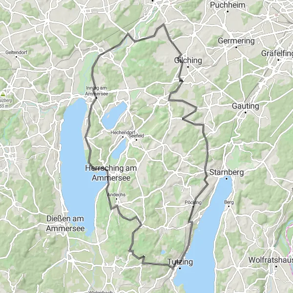 Map miniature of "Tutzing to Schloß Tutzing Evangelische Akademie" cycling inspiration in Oberbayern, Germany. Generated by Tarmacs.app cycling route planner