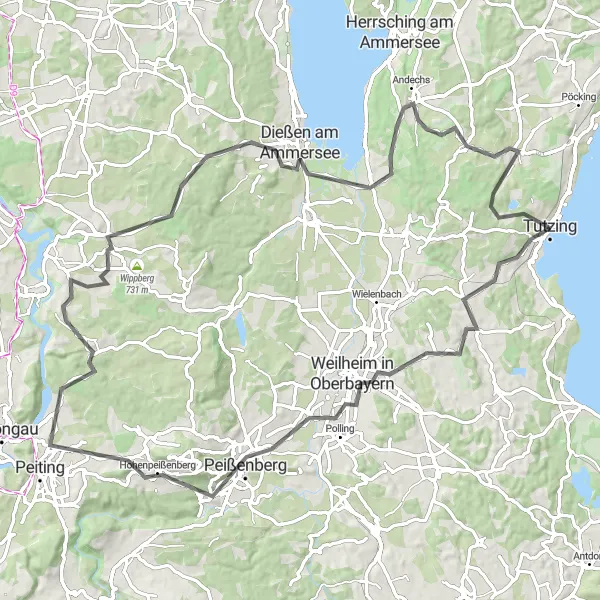 Map miniature of "Tutzing - Monopteros - Tutzing" cycling inspiration in Oberbayern, Germany. Generated by Tarmacs.app cycling route planner