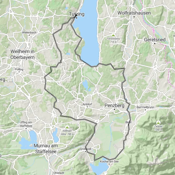 Map miniature of "Tutzing - Eberfing - Tutzing" cycling inspiration in Oberbayern, Germany. Generated by Tarmacs.app cycling route planner