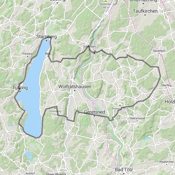 Map miniature of "Tutzing to Schloß Tutzing Evangelische Akademie" cycling inspiration in Oberbayern, Germany. Generated by Tarmacs.app cycling route planner