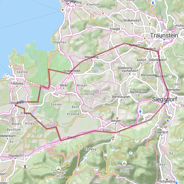 Map miniature of "Übersee Circular Gravel Route" cycling inspiration in Oberbayern, Germany. Generated by Tarmacs.app cycling route planner