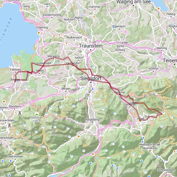 Map miniature of "Through the Chiemgau Countryside" cycling inspiration in Oberbayern, Germany. Generated by Tarmacs.app cycling route planner