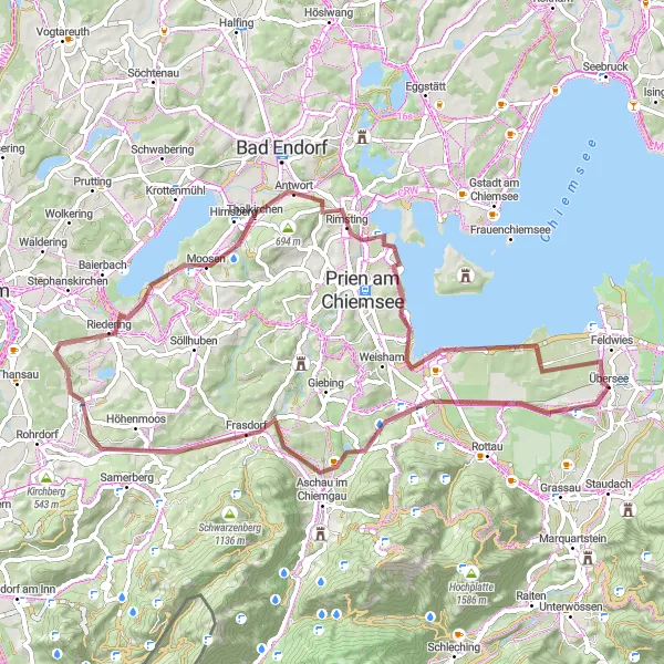Map miniature of "Bernau am Chiemsee Gravel Adventure" cycling inspiration in Oberbayern, Germany. Generated by Tarmacs.app cycling route planner