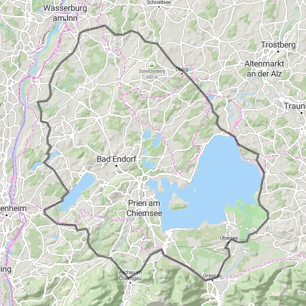 Map miniature of "Challenging Road Cycling Route" cycling inspiration in Oberbayern, Germany. Generated by Tarmacs.app cycling route planner