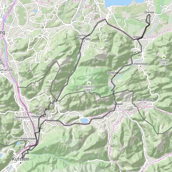 Map miniature of "Scenic Tour through the Bavarian Alps" cycling inspiration in Oberbayern, Germany. Generated by Tarmacs.app cycling route planner