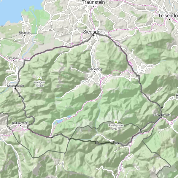 Map miniature of "Marquartstein and the Alpine Passes" cycling inspiration in Oberbayern, Germany. Generated by Tarmacs.app cycling route planner