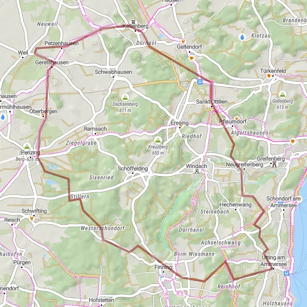 Karten-Miniaturansicht der Radinspiration "Gravelroute Finning-Schöner Berg-Petzenhausen-Geltendorf-Hechenwang-Reisenbühl" in Oberbayern, Germany. Erstellt vom Tarmacs.app-Routenplaner für Radtouren