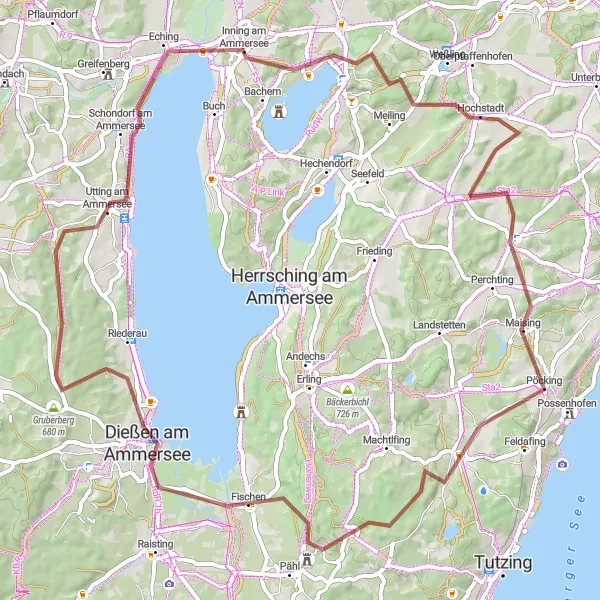 Karten-Miniaturansicht der Radinspiration "Ammersee Gravel Abenteuer" in Oberbayern, Germany. Erstellt vom Tarmacs.app-Routenplaner für Radtouren