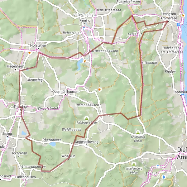 Karten-Miniaturansicht der Radinspiration "Schottertour Utting-Rainberg-Grünsink-Entraching-Reisenbühl" in Oberbayern, Germany. Erstellt vom Tarmacs.app-Routenplaner für Radtouren