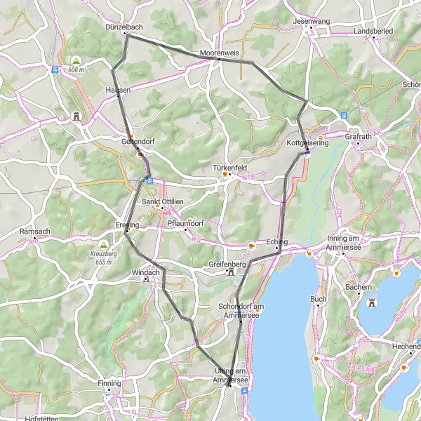 Karten-Miniaturansicht der Radinspiration "Rundweg Eresing-Moorenweis-Schondorf am Ammersee-Reisenbühl" in Oberbayern, Germany. Erstellt vom Tarmacs.app-Routenplaner für Radtouren