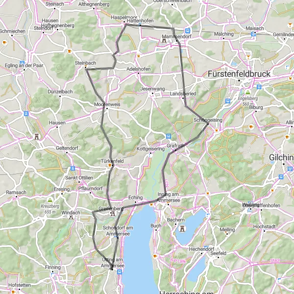 Karten-Miniaturansicht der Radinspiration "Greifenberg Panorama Road Tour" in Oberbayern, Germany. Erstellt vom Tarmacs.app-Routenplaner für Radtouren