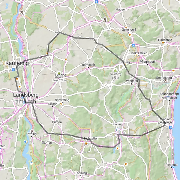 Karten-Miniaturansicht der Radinspiration "Rundweg Finning-Lechblick-Kaufering-Dachsenberg-Hechenwang" in Oberbayern, Germany. Erstellt vom Tarmacs.app-Routenplaner für Radtouren