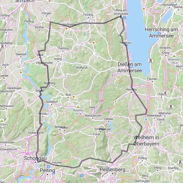 Karten-Miniaturansicht der Radinspiration "Panoramaroute Monopteros-Raisting-Grasla-Hohenfurch-Vilgertshofen-Finning" in Oberbayern, Germany. Erstellt vom Tarmacs.app-Routenplaner für Radtouren