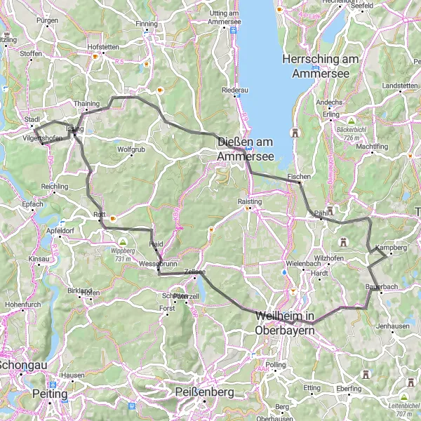 Karten-Miniaturansicht der Radinspiration "Rundtour um den Ammersee" in Oberbayern, Germany. Erstellt vom Tarmacs.app-Routenplaner für Radtouren