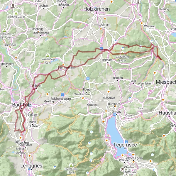 Map miniature of "Oberbayern Gravel Adventure" cycling inspiration in Oberbayern, Germany. Generated by Tarmacs.app cycling route planner