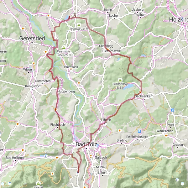 Map miniature of "Panoramic Gravel Tour" cycling inspiration in Oberbayern, Germany. Generated by Tarmacs.app cycling route planner