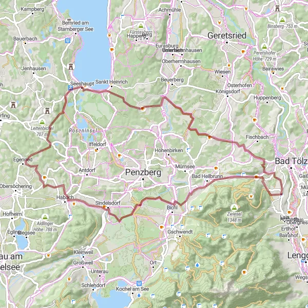 Map miniature of "Bad Heilbrunn Scenic Gravel Route" cycling inspiration in Oberbayern, Germany. Generated by Tarmacs.app cycling route planner